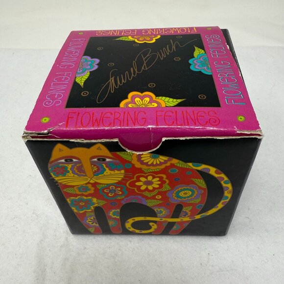 Laurel Burch Flowering Felines Cup 1993 Black Coffee Mug Colorful Cat Design Box - Picture 9 of 12